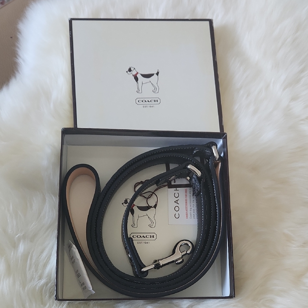 NWT IOB Coach Black Mini Signature Jaquard Leather Large Dog Leash 🖤🐾🐕♥️🎁
